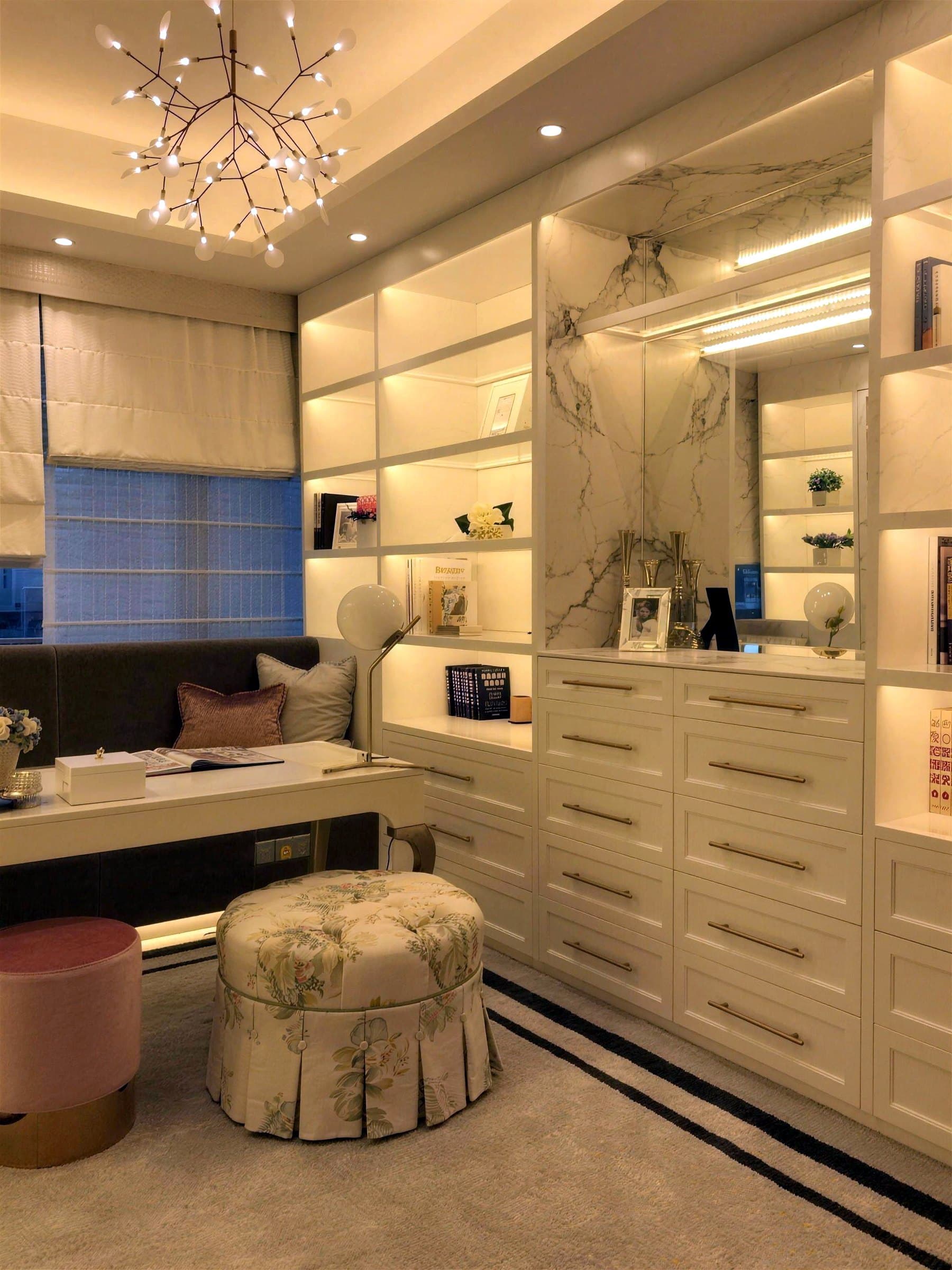 Dressing area with built-in drawers and backlit shelving