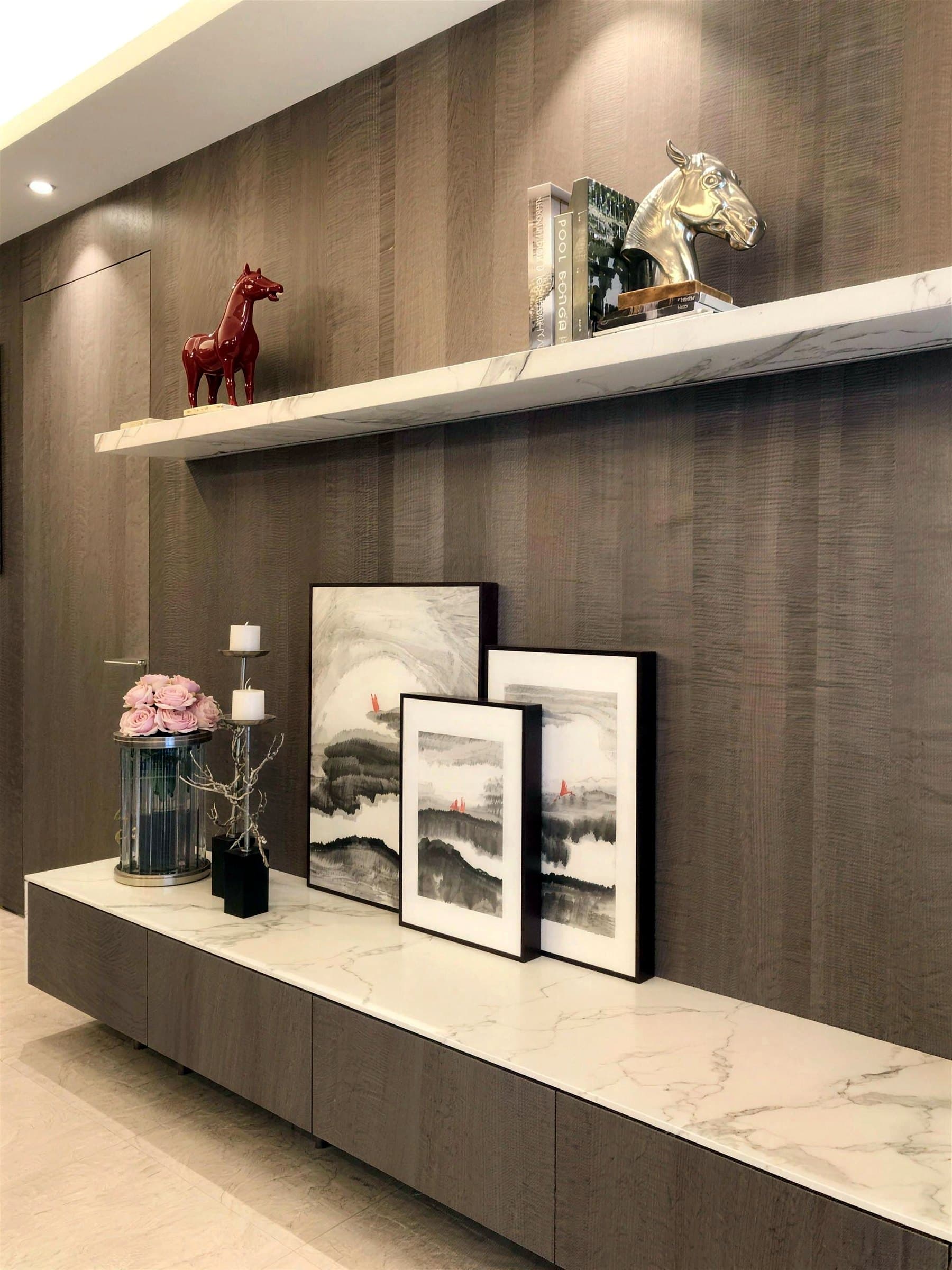 Timber-panelled wall with a built-in floating shelf and cabinet