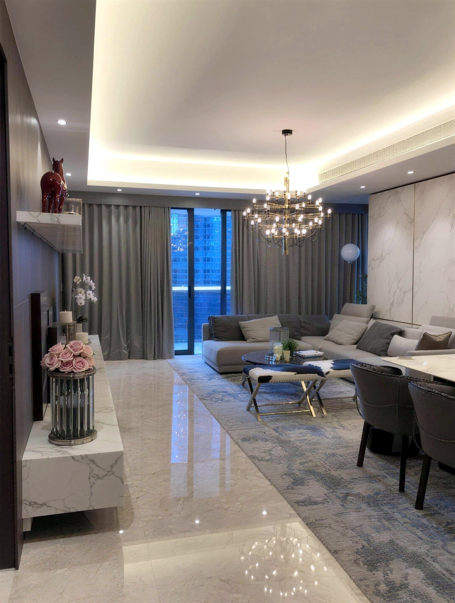 Marina Bay Suites living room with marble flooring and cove lighting